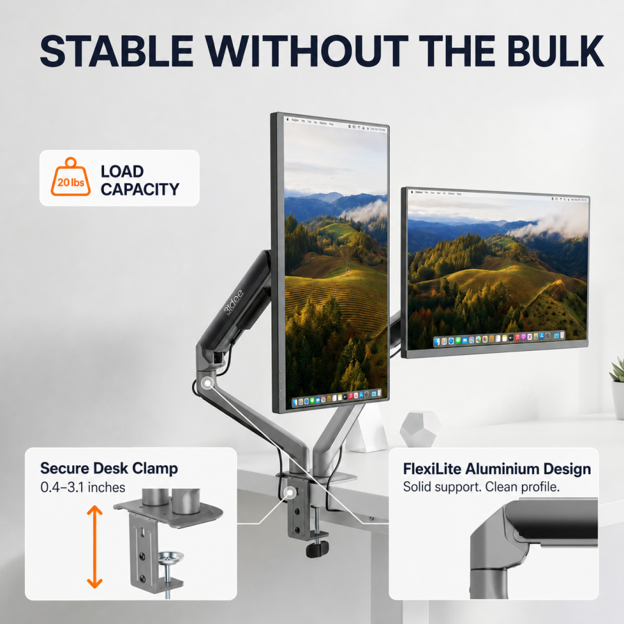 3IDEE Flexi-Lite Dual Monitor Arm - 2 Monitors - [17-32" / up to 9kg per arm] - Stepless Height Adjustment